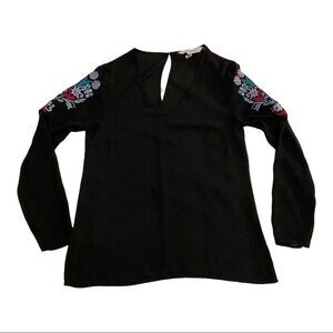 BCBGeneration Long Sleeve Black Semi-Sheer Embroidered Top Small Floral